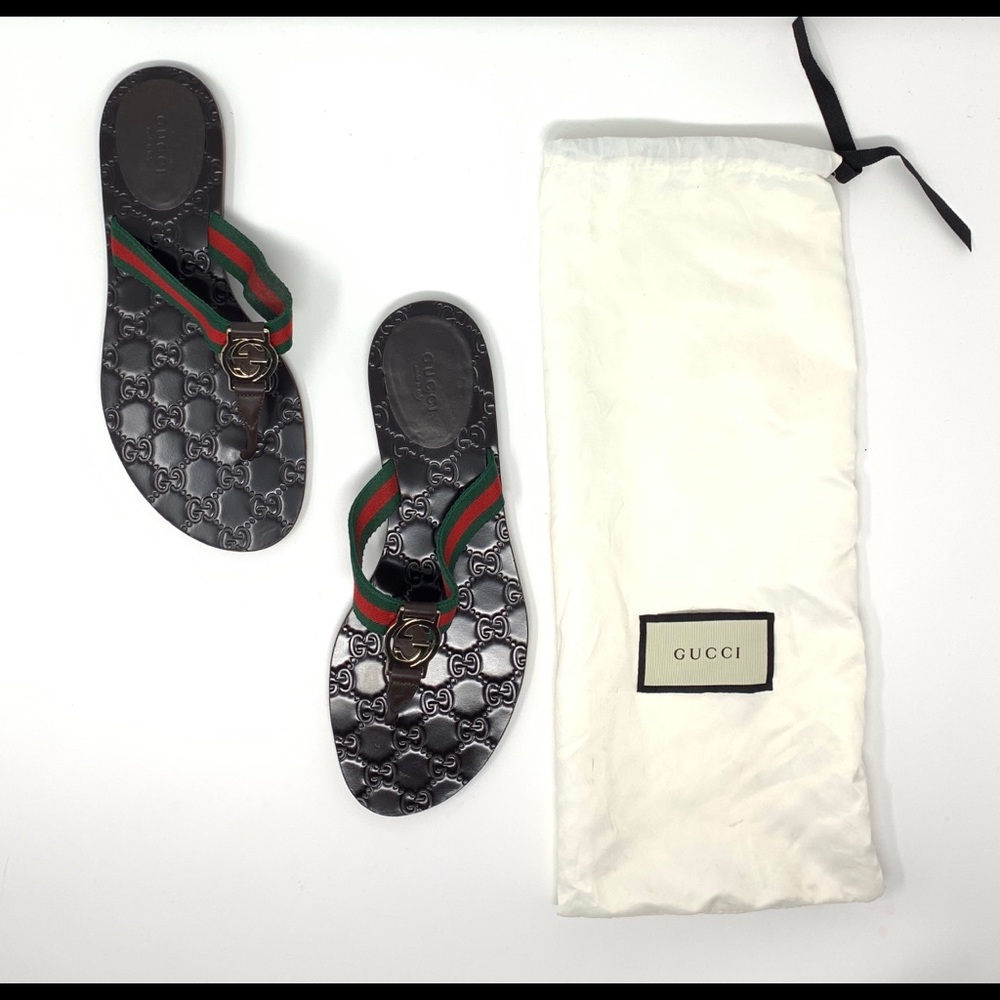 Gucci Gold GG Thong Sandal Red Green Brown